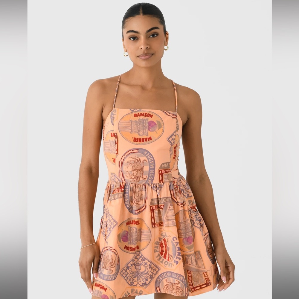 Damson Madder Women's Peaches Mini Apron Dress in Papaya Holiday Print US10 UK14